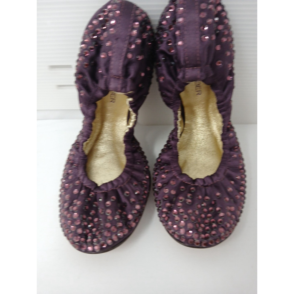 $395 JUDITH LEIBER Flats PLUM Satin Jeweled SWAROVSKI CRYSTALS SHOES Purple 5 - Picture 4 of 4